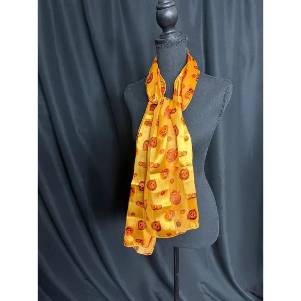Halloween Pumpkin Scarf Jack O Lantern Orange Silk Feel 60in Made in Korea